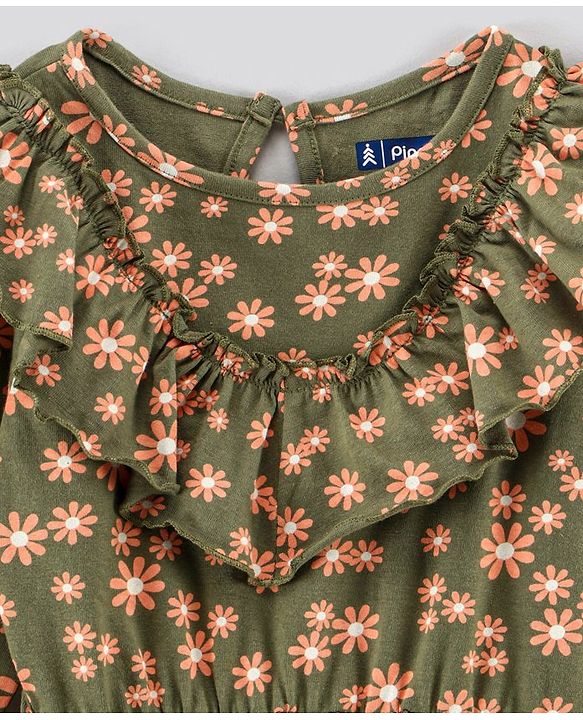 Pine Kids Full Sleeves Bio Washed Frock Floral Print - Green