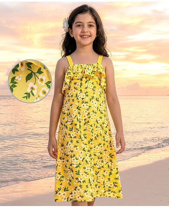 Pine Kids Sleeveless Bio Wash Frock Floral Print- Yellow