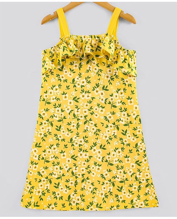 Pine Kids Sleeveless Bio Wash Frock Floral Print- Yellow