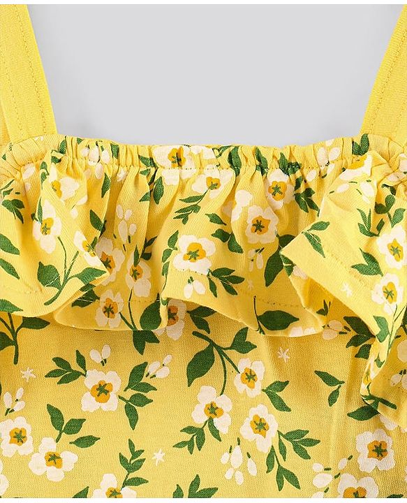 Pine Kids Sleeveless Bio Wash Frock Floral Print- Yellow