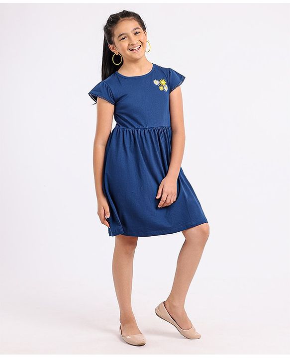 Pine Kids Cap Sleeves Biowashed Frock Floral Print Pack Of 2 - Yellow Blue