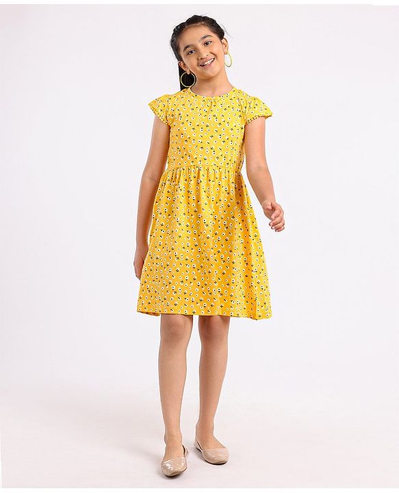 Pine Kids Cap Sleeves Biowashed Frock Floral Print Pack Of 2 - Yellow Blue