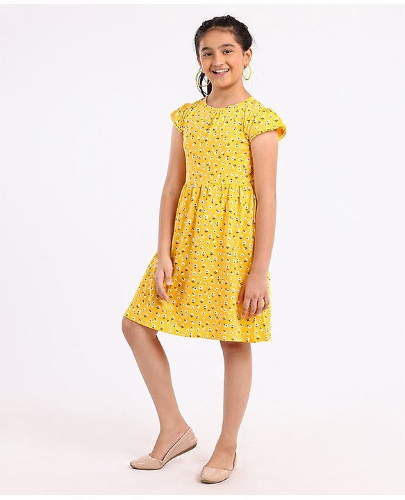 Pine Kids Cap Sleeves Biowashed Frock Floral Print Pack Of 2 - Yellow Blue