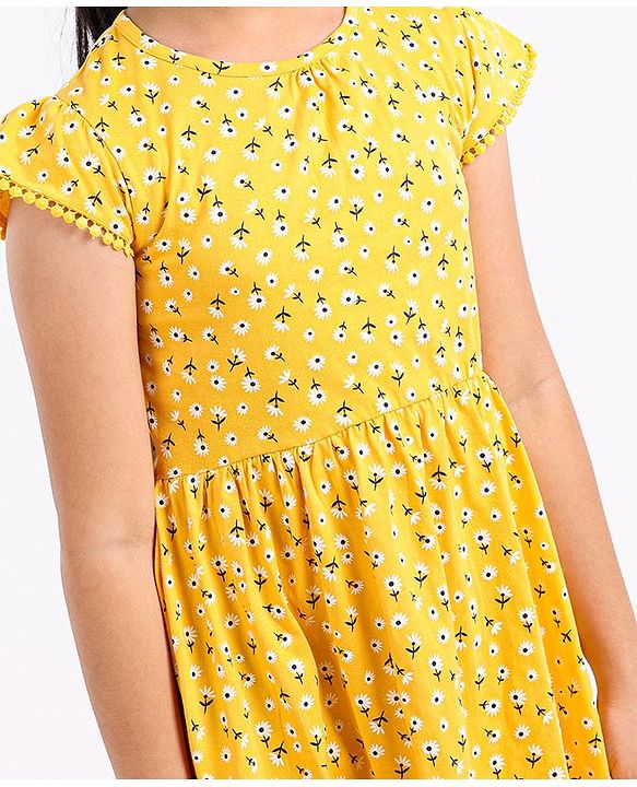 Pine Kids Cap Sleeves Biowashed Frock Floral Print Pack Of 2 - Yellow Blue