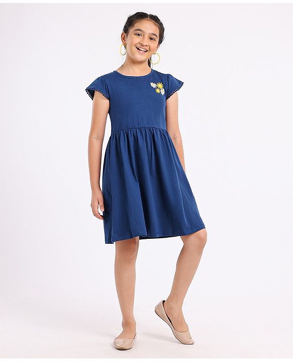Pine Kids Cap Sleeves Biowashed Frock Floral Print Pack Of 2 - Yellow Blue