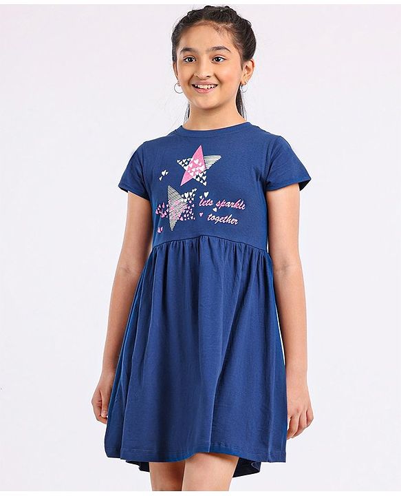 Pine Kids Biowash Short Sleeves Frock Star Print - Navy Blue