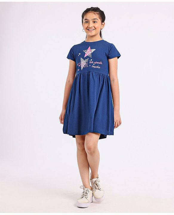 Pine Kids Biowash Short Sleeves Frock Star Print - Navy Blue