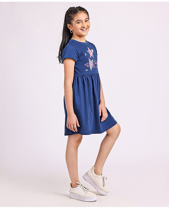 Pine Kids Biowash Short Sleeves Frock Star Print - Navy Blue
