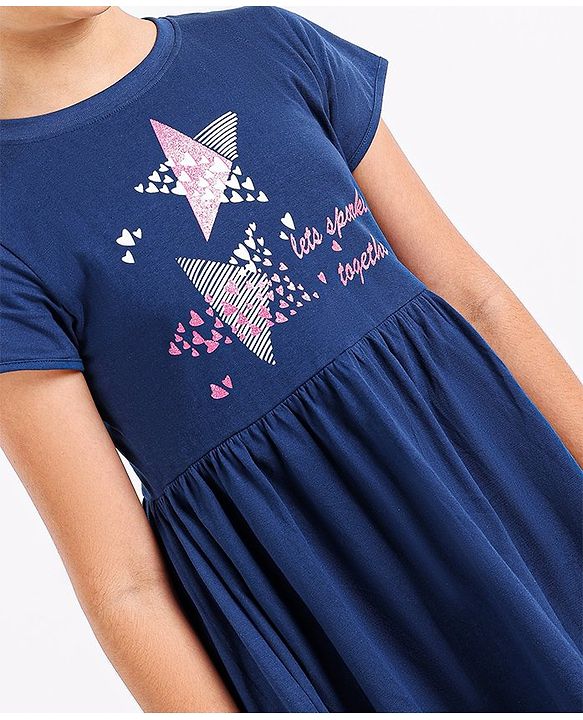 Pine Kids Biowash Short Sleeves Frock Star Print - Navy Blue