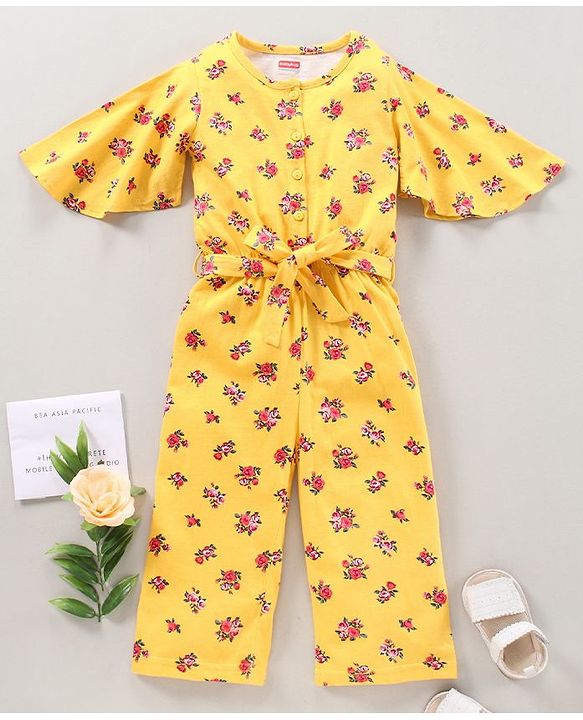 Babyhug 100%Cotton Flared Sleeves Jumpsuit With Fabric Belt  Floral Print - Yellow