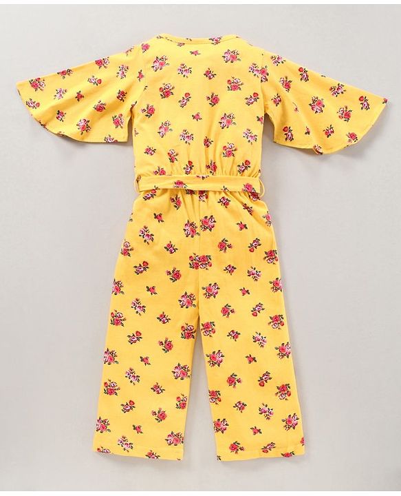 Babyhug 100%Cotton Flared Sleeves Jumpsuit With Fabric Belt  Floral Print - Yellow