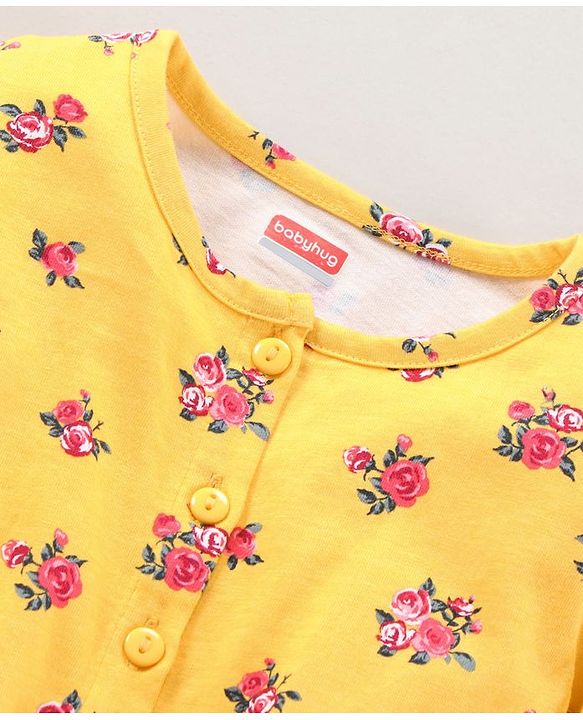 Babyhug 100%Cotton Flared Sleeves Jumpsuit With Fabric Belt  Floral Print - Yellow