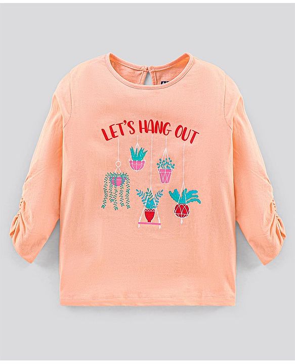 Pine Kids Full Sleeves T Shirt Text Print - Peach