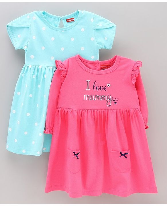 Babyhug 100% Cotton Full Sleeves Frocks Text Print Pack of 2 - Pink Turquoise