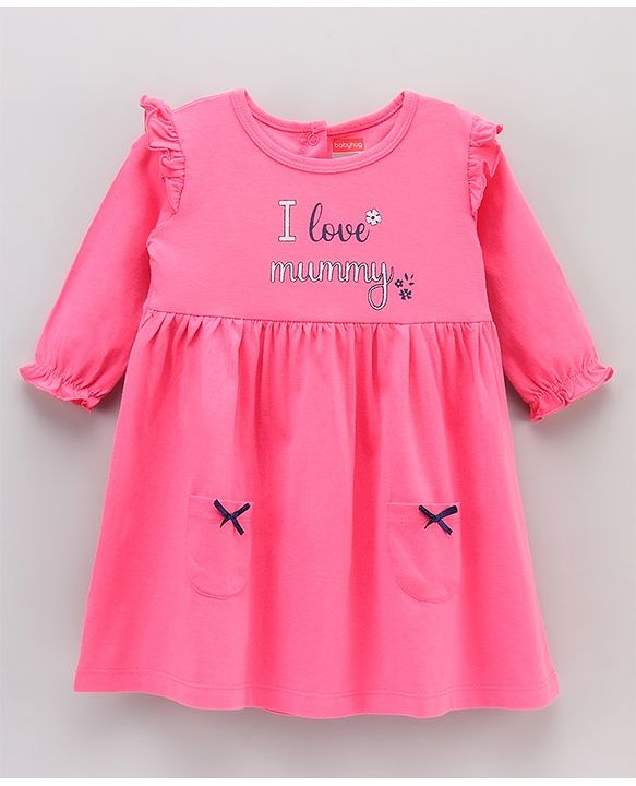 Babyhug 100% Cotton Full Sleeves Frocks Text Print Pack of 2 - Pink Turquoise