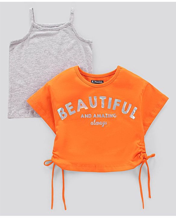 Pine Kids Short Sleeves Knotted Top Beautiful Print - Orange Light Grey