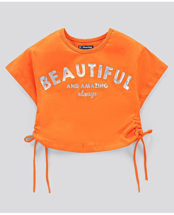 Pine Kids Short Sleeves Knotted Top Beautiful Print - Orange Light Grey
