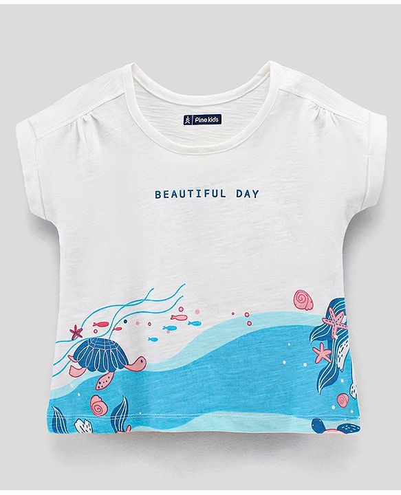 Pine Kids Half Sleeves Top Cotton Biowash Marine Print - White