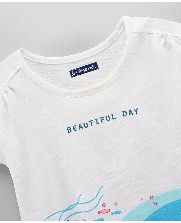 Pine Kids Half Sleeves Top Cotton Biowash Marine Print - White