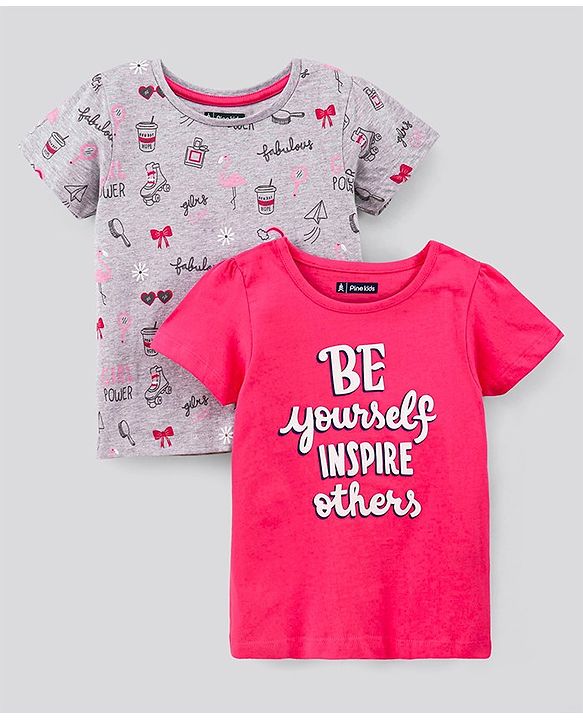 Pine Kids Half Sleeves Cotton T Shirt Printed Pack of 2- Pink Grey