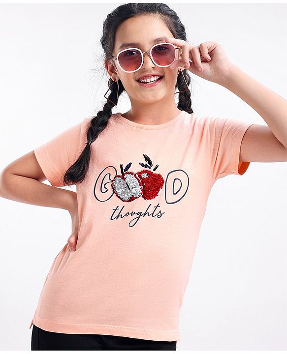 Pine Kids Half Sleeves Biowash & Reversible Sequin Top Good Print - Peach