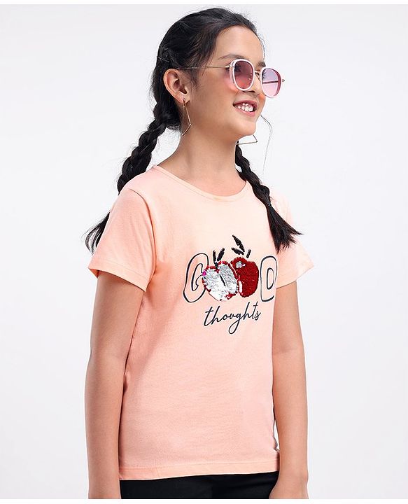 Pine Kids Half Sleeves Biowash & Reversible Sequin Top Good Print - Peach