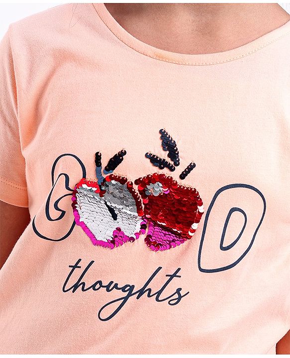 Pine Kids Half Sleeves Biowash & Reversible Sequin Top Good Print - Peach