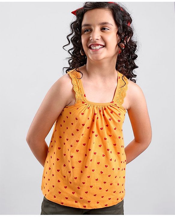 Pine Kids Sleeveless Biowashed Top Heart Print - Orange