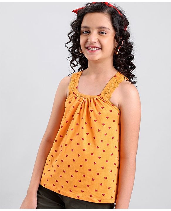 Pine Kids Sleeveless Biowashed Top Heart Print - Orange
