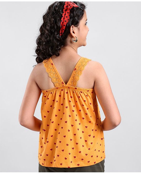 Pine Kids Sleeveless Biowashed Top Heart Print - Orange