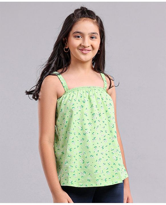 Pine Kids Singlet Sleeves Top Floral Print - Green