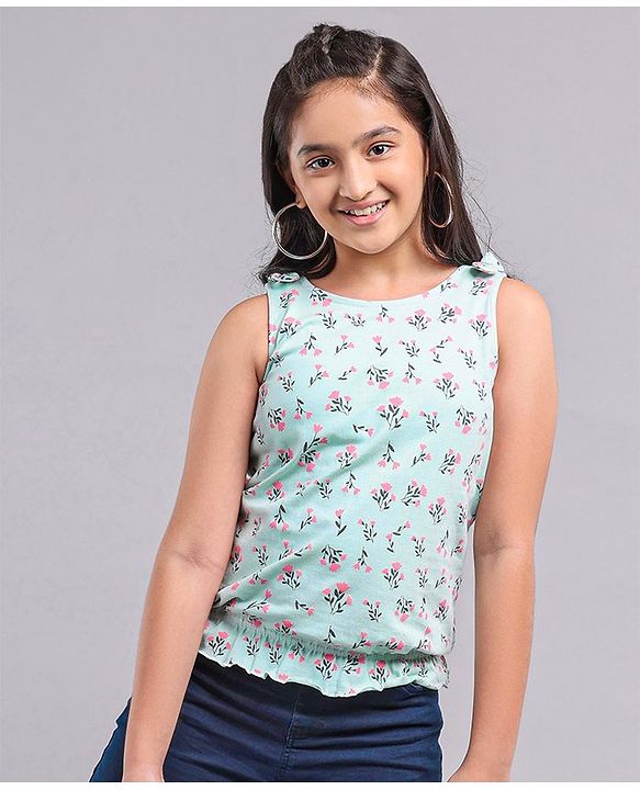 Pine Kids Sleeveless Biowashed Top Floral Print - Blue