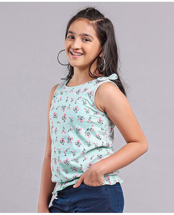Pine Kids Sleeveless Biowashed Top Floral Print - Blue