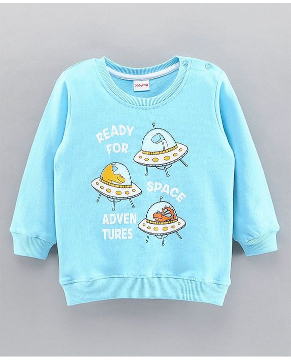 Babyhug Full Sleeves Sweatshirt Spaceship Print - Sky Blue