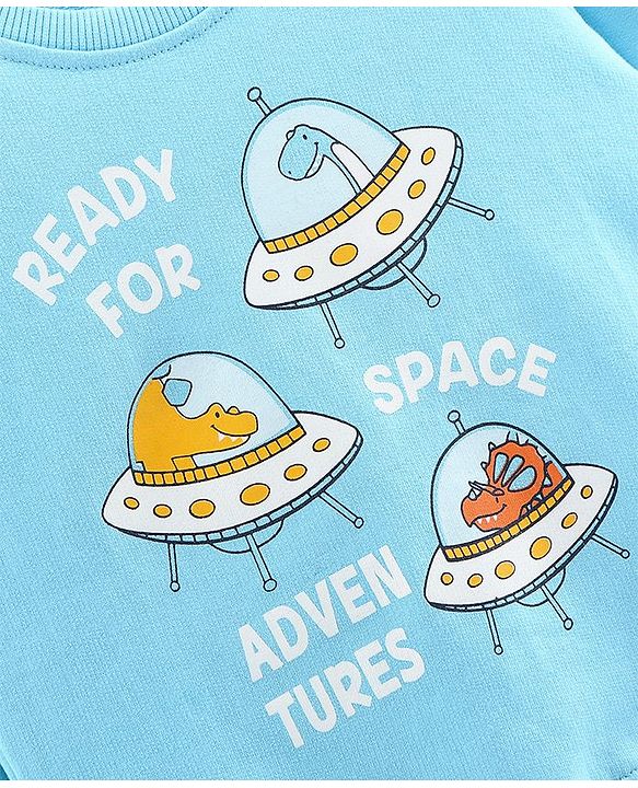 Babyhug Full Sleeves Sweatshirt Spaceship Print - Sky Blue