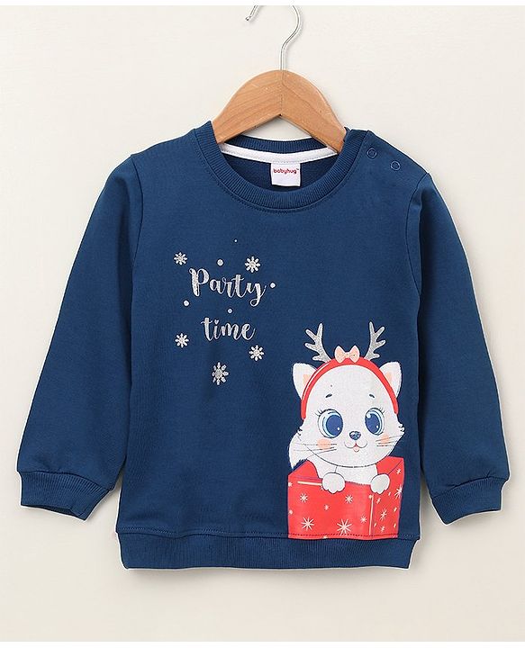 Babyhug Full Sleeves Sweatshirt Kitten Print - Navy