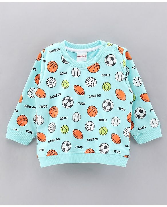 Babyhug Full Sleeves Sweatshirt with Sports Balls Print - Light Blue