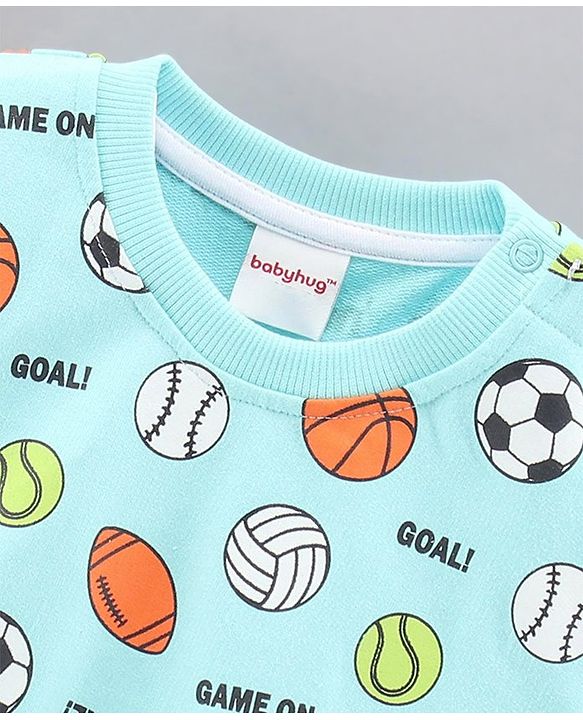 Babyhug Full Sleeves Sweatshirt with Sports Balls Print - Light Blue