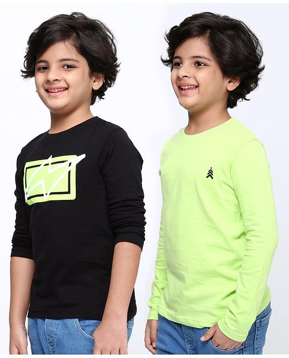 Pine Kids Full Sleeves Biowashed Solid T-Shirts Graphic Print Pack of 2 - Black Green