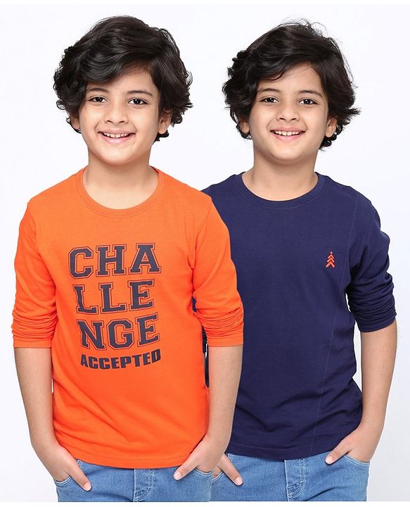 Pine Kids Full Sleeves Cotton Tshirt Pack of 2 - Multicolour
