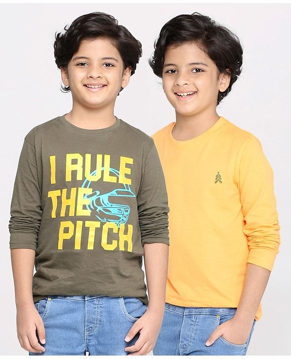 Pine Kids Full Sleeves Biowashed Solid T-Shirts Text Print Pack of 2 - Grey Yellow