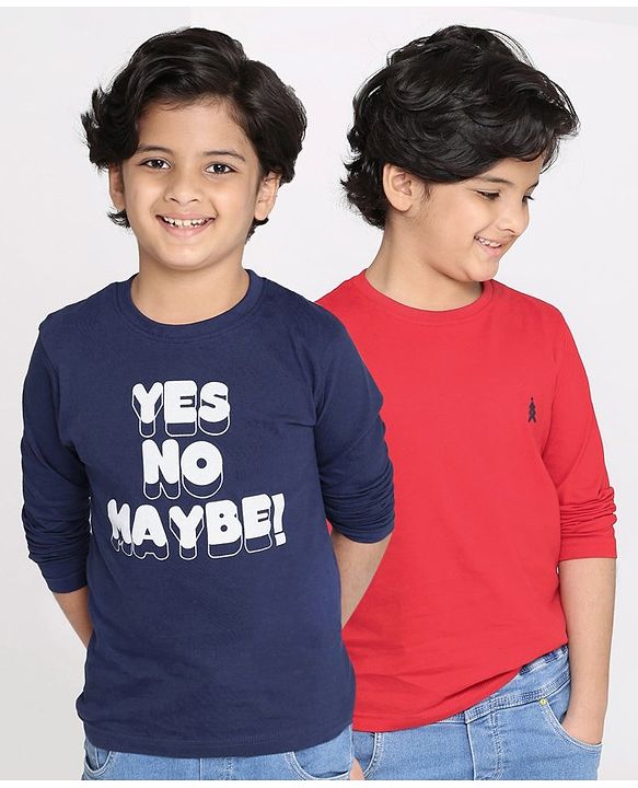 Pine Kids Full Sleeves Biowashed Solid T-Shirts Text Print Pack of 2 - Navy Red