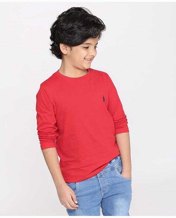Pine Kids Full Sleeves Biowashed Solid T-Shirts Text Print Pack of 2 - Navy Red