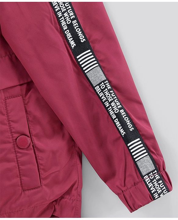 Pine Kids Full Sleeves Bomber Jacket Text Print - Maroon