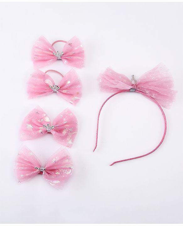 Pine Kids Free Size Hair Band and Rubber Bands Set of 5 - Pink