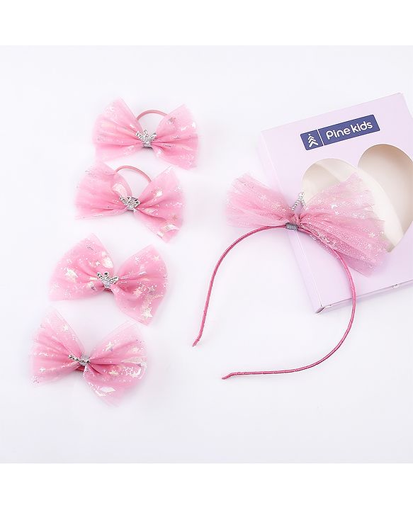 Pine Kids Free Size Hair Band and Rubber Bands Set of 5 - Pink