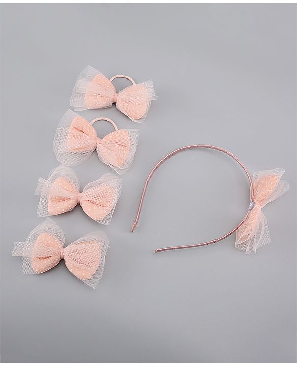 Pine Kids Free Size Hair Band and Rubber Bands Set of 5 - Peach