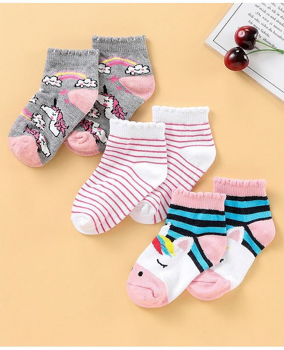 Cute Walk by Babyhug Anti Bacterial Ankle Length Socks Pack of 3 - White Grey