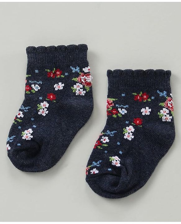 Cute Walk by Babyhug Cotton Blend Ankle Length Anti Bacterial Socks Floral Design Pack of 3 - Blue