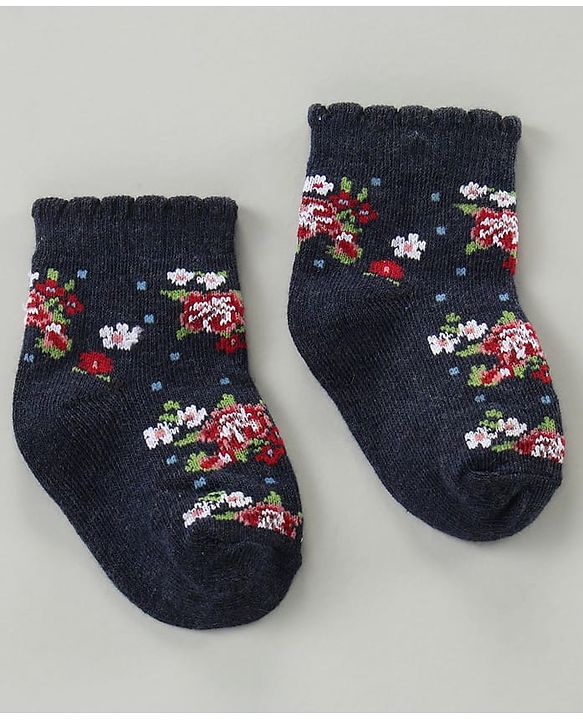 Cute Walk by Babyhug Cotton Blend Ankle Length Anti Bacterial Socks Floral Design Pack of 3 - Blue